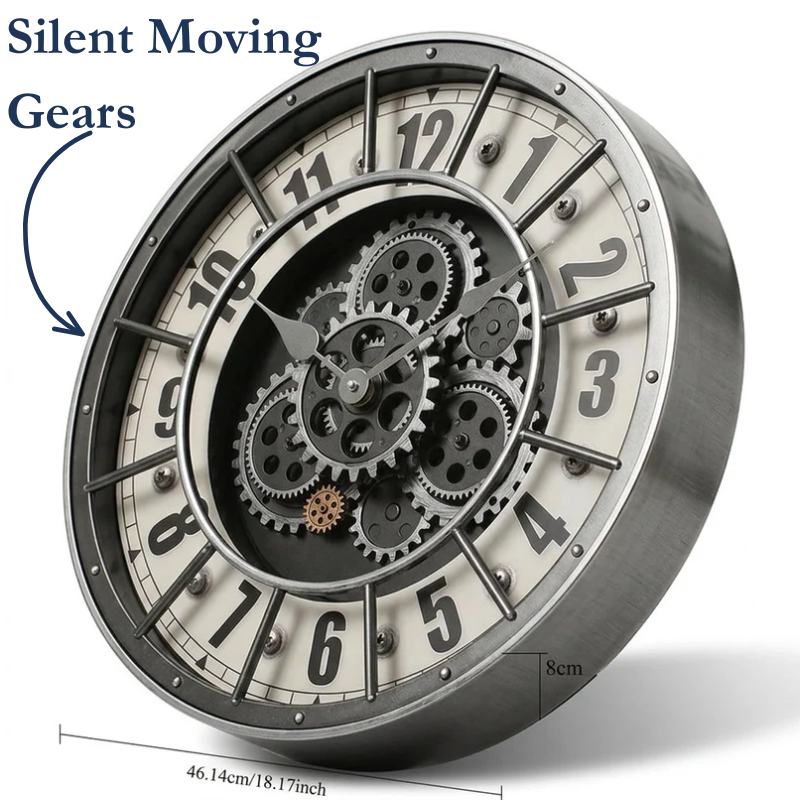 Large Retro Wall Clock Moving Gears Silent