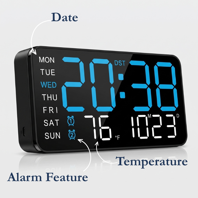Black Rectangular LED Digital Wall Clock with Acoustic Control