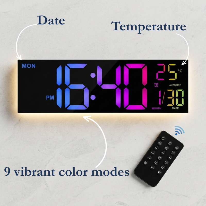 16-Inch LED Digital Wall Clock with Remote, Calendar and Temperature