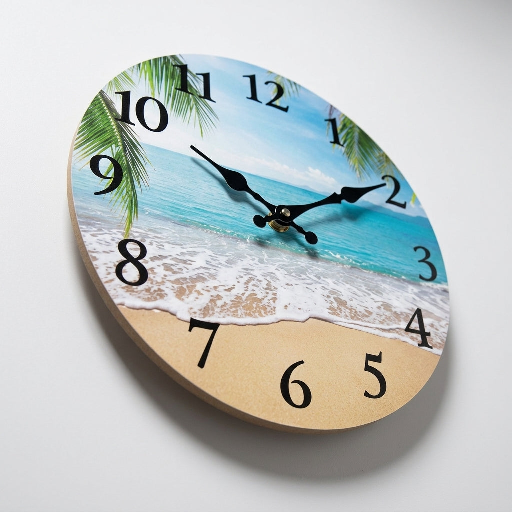 Light Luxury Coastal Beach Wooden Wall Clock For Living Room – Silent Sweep Quartz
