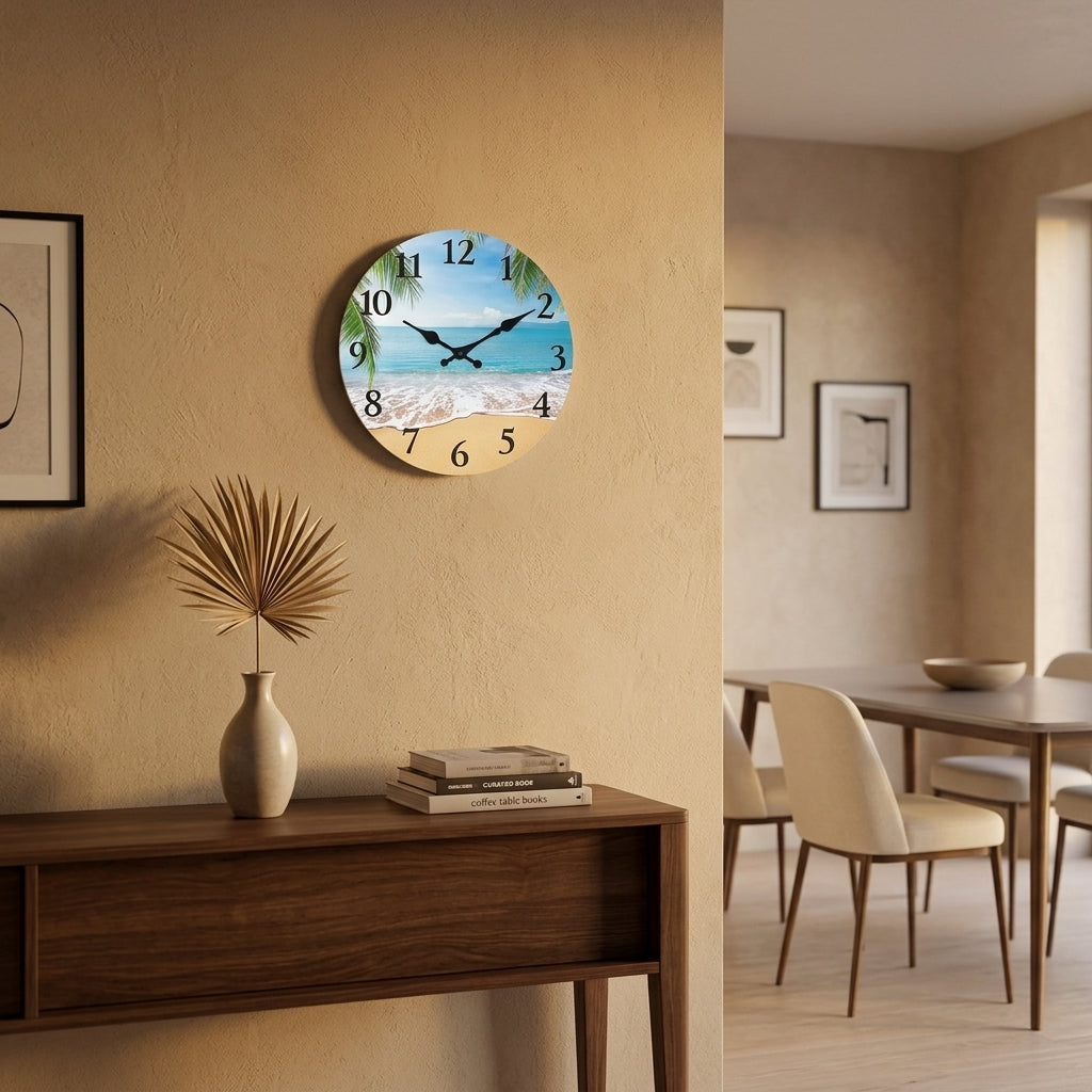 Light Luxury Coastal Beach Wooden Wall Clock For Living Room – Silent Sweep Quartz