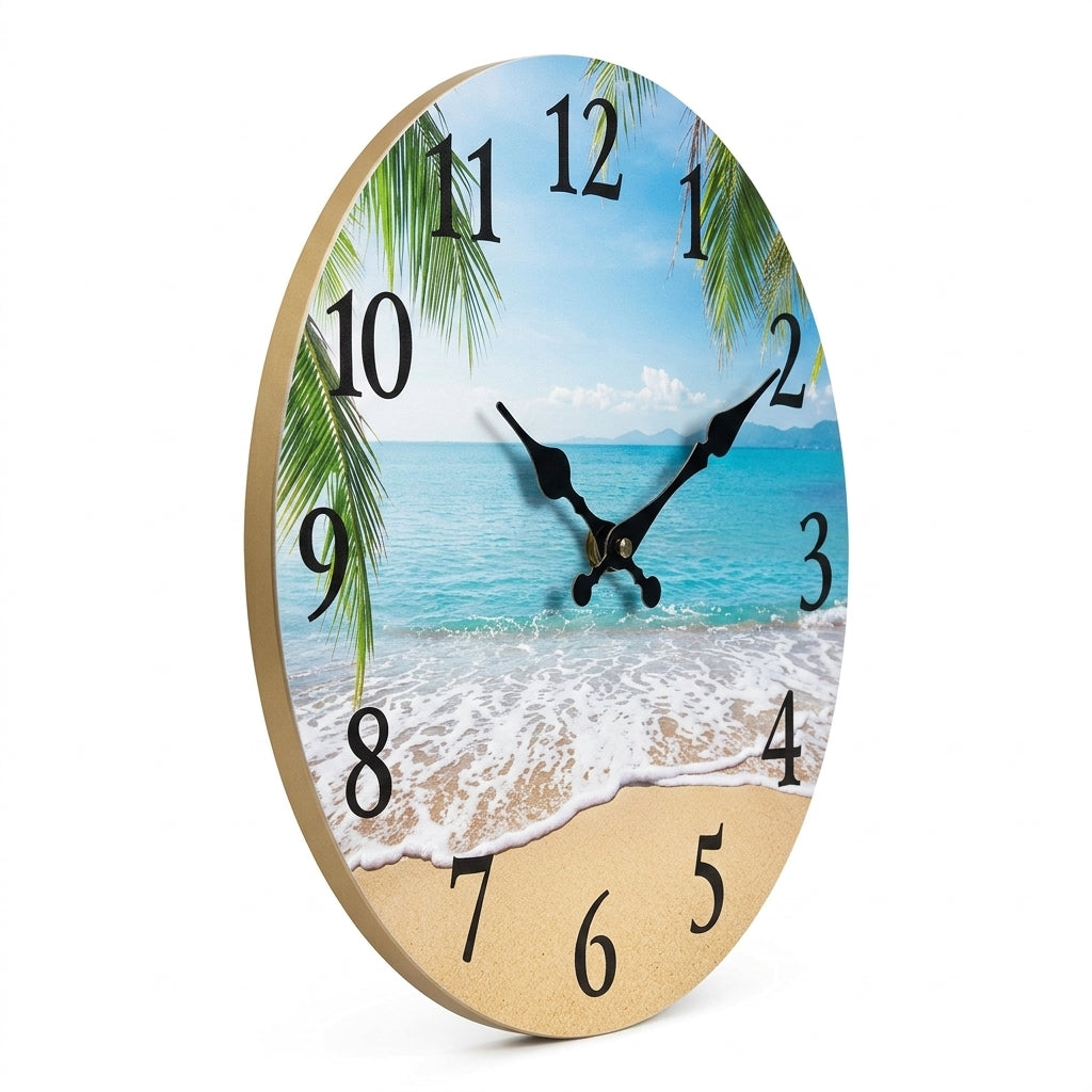 Light Luxury Coastal Beach Wooden Wall Clock For Living Room – Silent Sweep Quartz