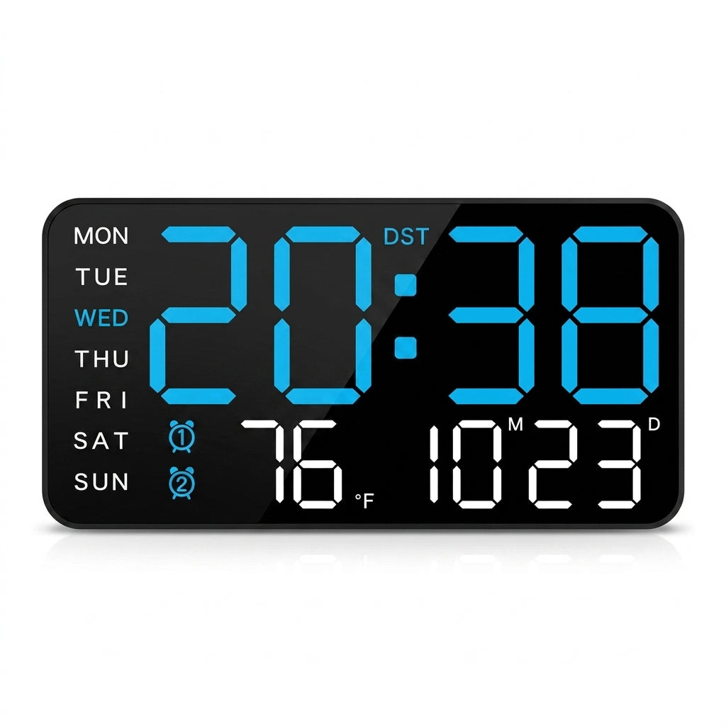 A rectangular digital alarm clock with a black face and glowing blue and white LED displays.