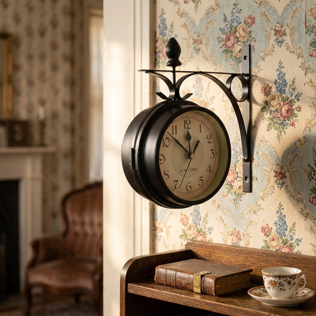 Retro Double-Sided Station Wall Clock - Antique
