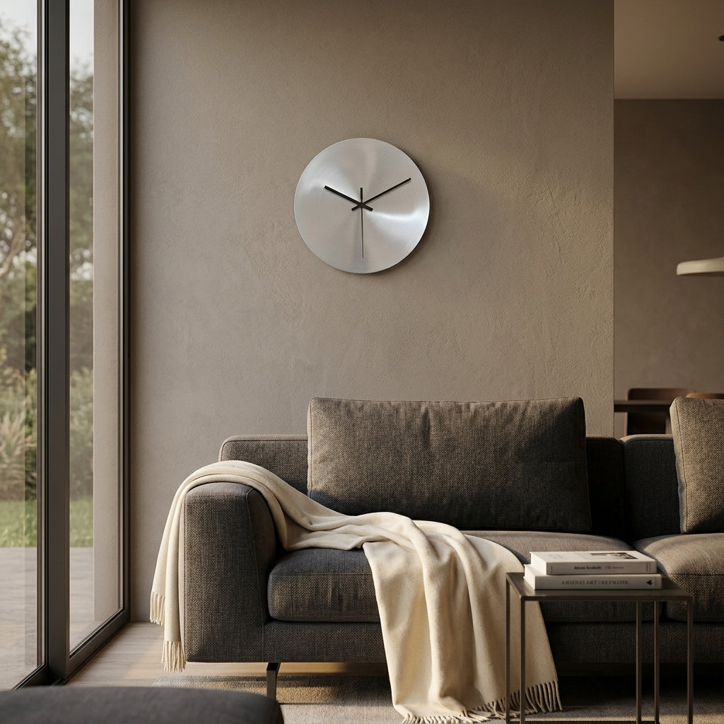 Silver Metal Wall Clock – Minimalist Industrial Design, Silent Movement