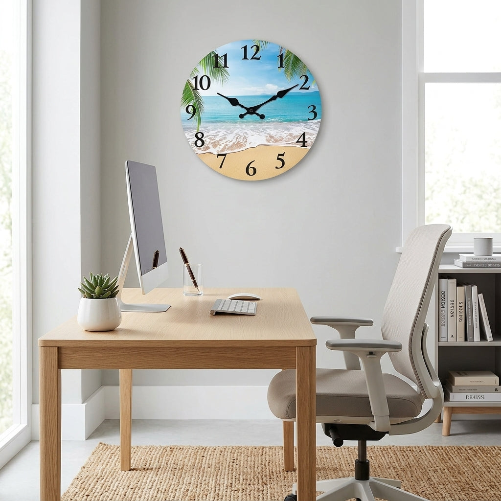 Light Luxury Coastal Beach Wooden Wall Clock For Living Room – Silent Sweep Quartz