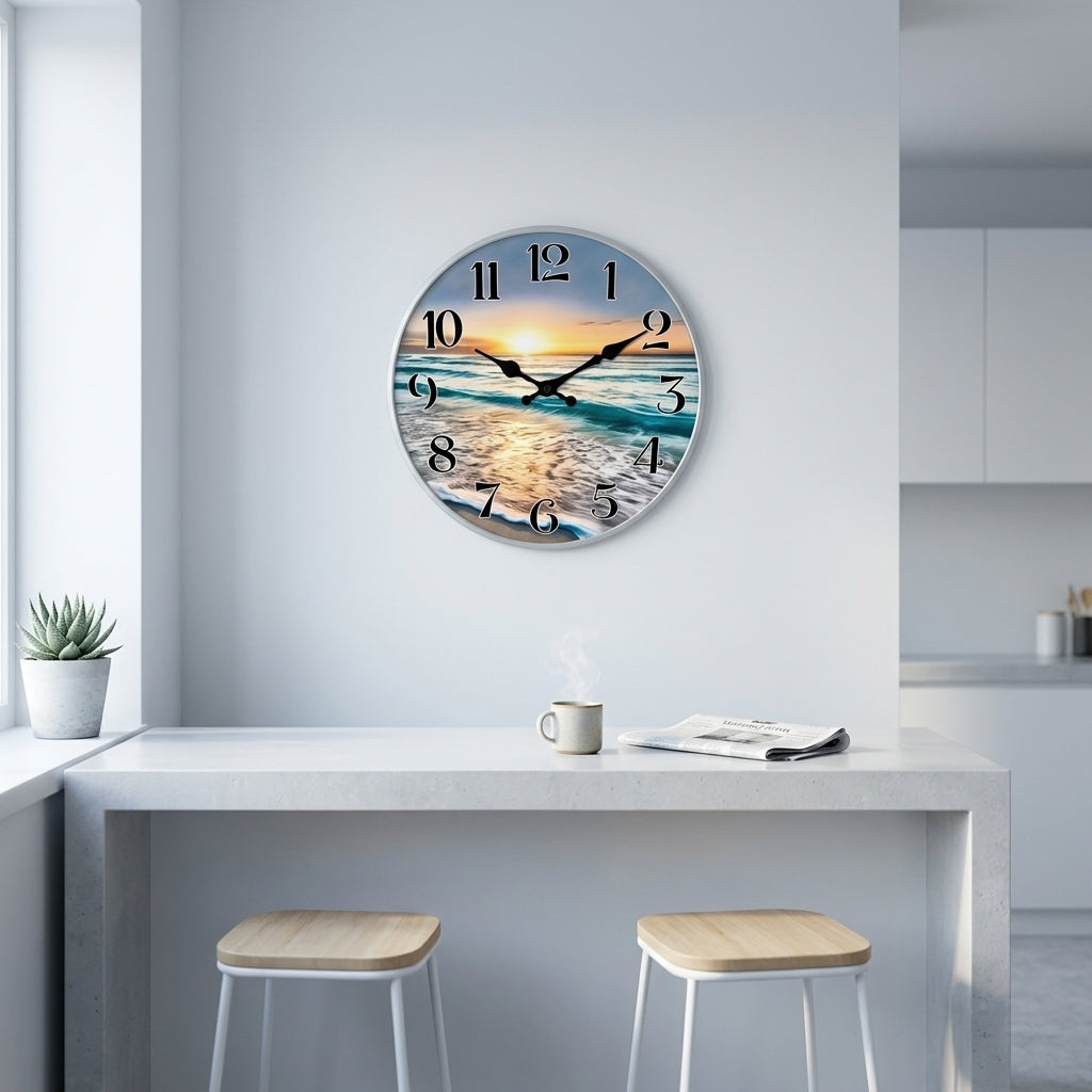 Seaside Sunset Wooden Wall Clock For Kicthen, Silent Quartz