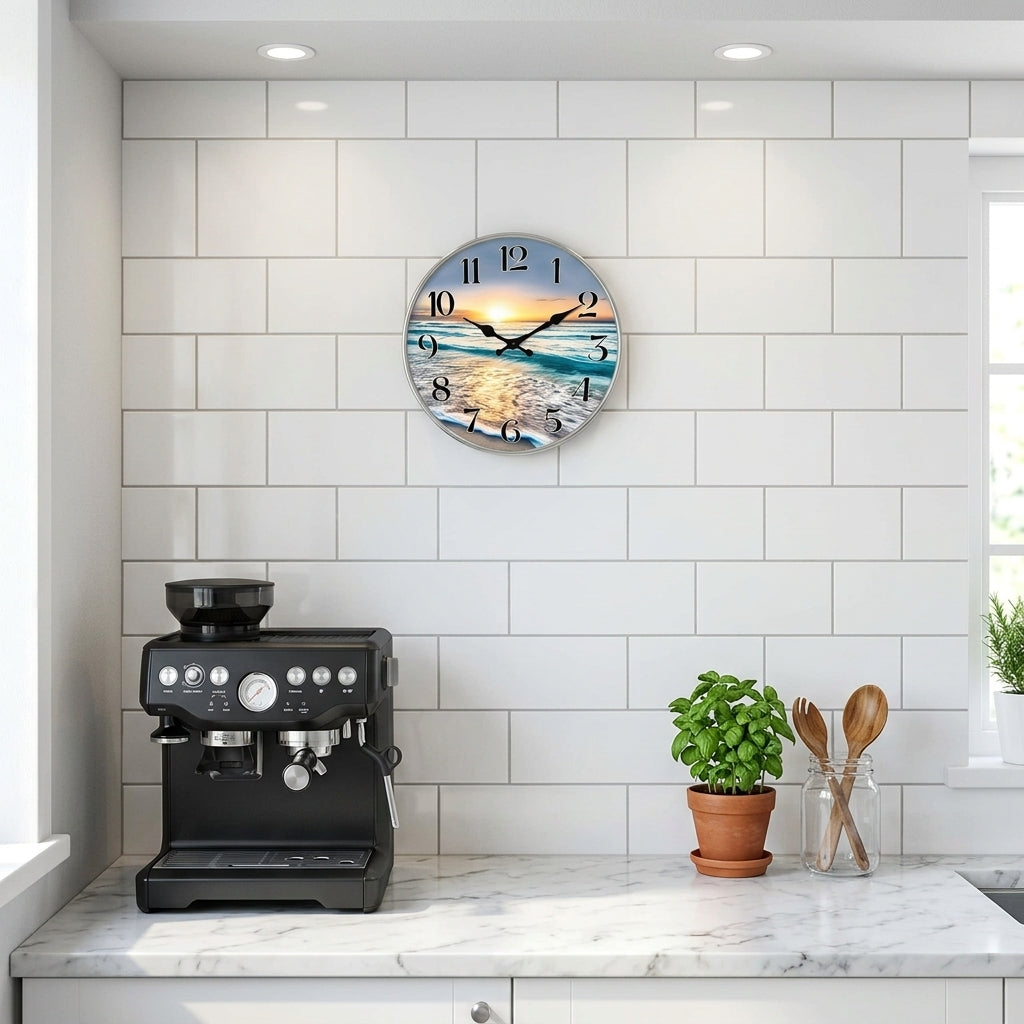 Seaside Sunset Wooden Wall Clock For Kicthen, Silent Quartz