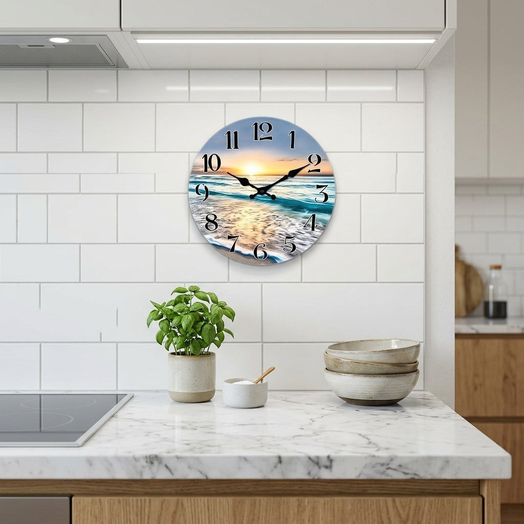 Seaside Sunset Wooden Wall Clock For Kicthen, Silent Quartz