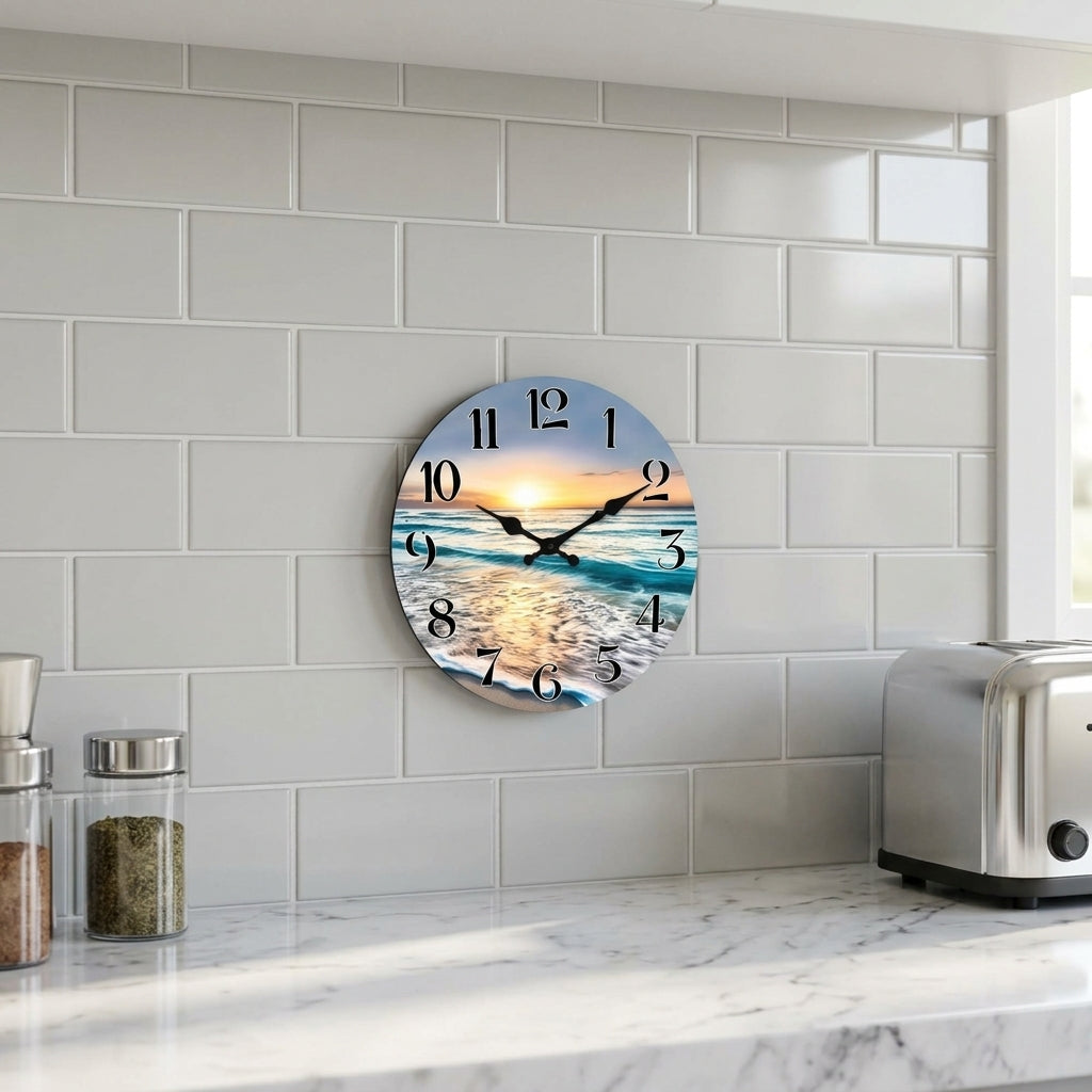 Seaside Sunset Wooden Wall Clock For Kicthen, Silent Quartz