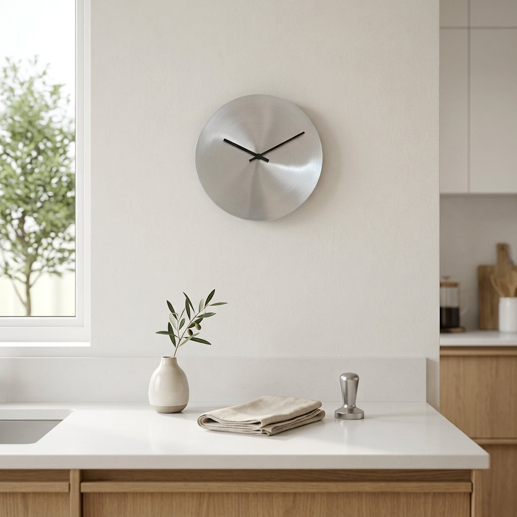 Silver Metal Wall Clock – Minimalist Industrial Design, Silent Movement