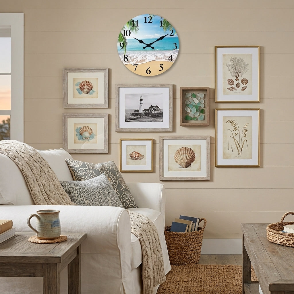 Light Luxury Coastal Beach Wooden Wall Clock For Living Room – Silent Sweep Quartz