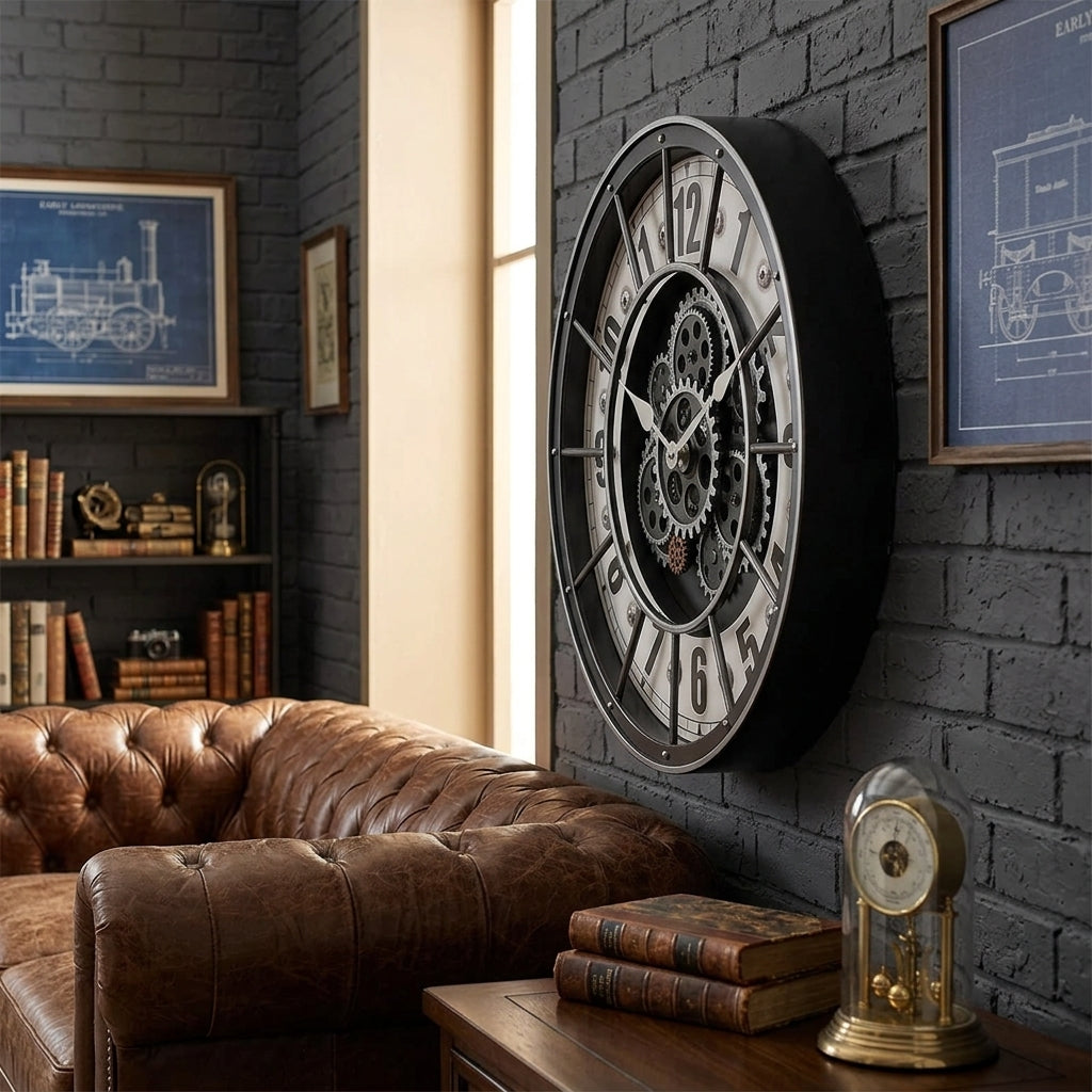 Large Retro Wall Clock Moving Gears Silent