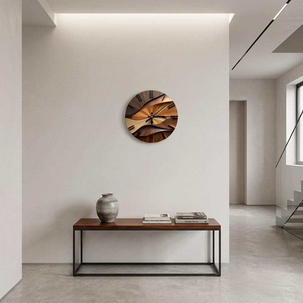 Wave Pattern Wood-Grain Wall Clock, Silent Sculptural Clock