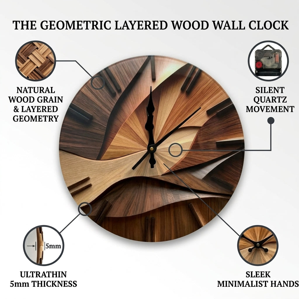 2D Wave Pattern Wood-Grain Wall Clock, Silent Sculptural Clock