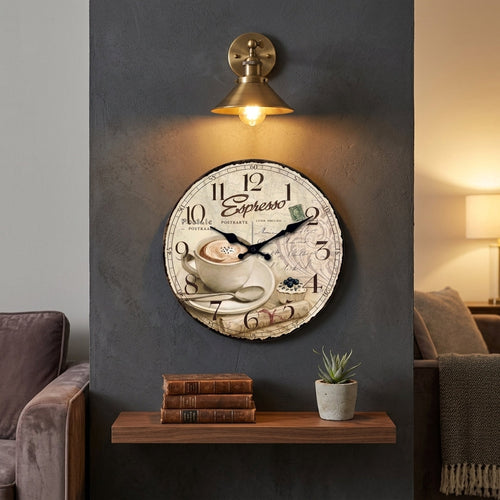 European Retro Coffee Cup Wooden Wall Clock
