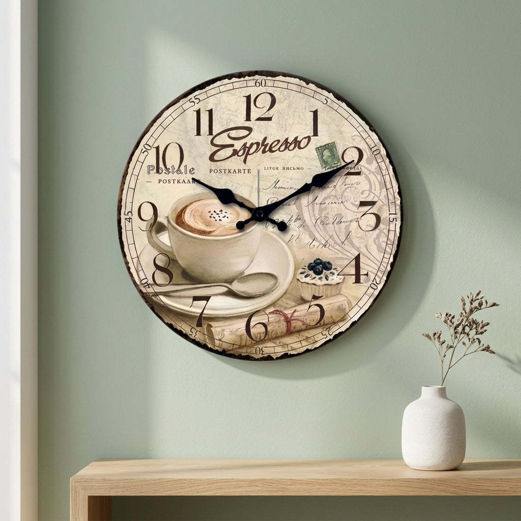 European Retro Coffee Cup Wooden Wall Clock