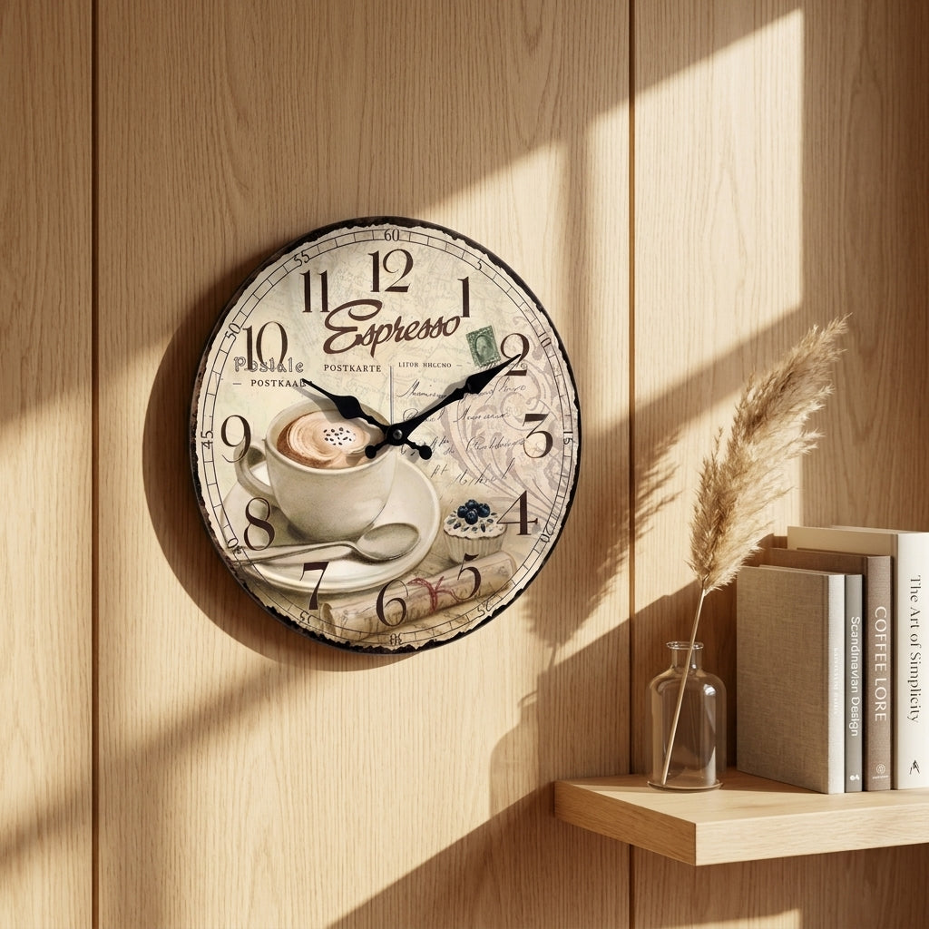 European Retro Coffee Cup Wooden Wall Clock