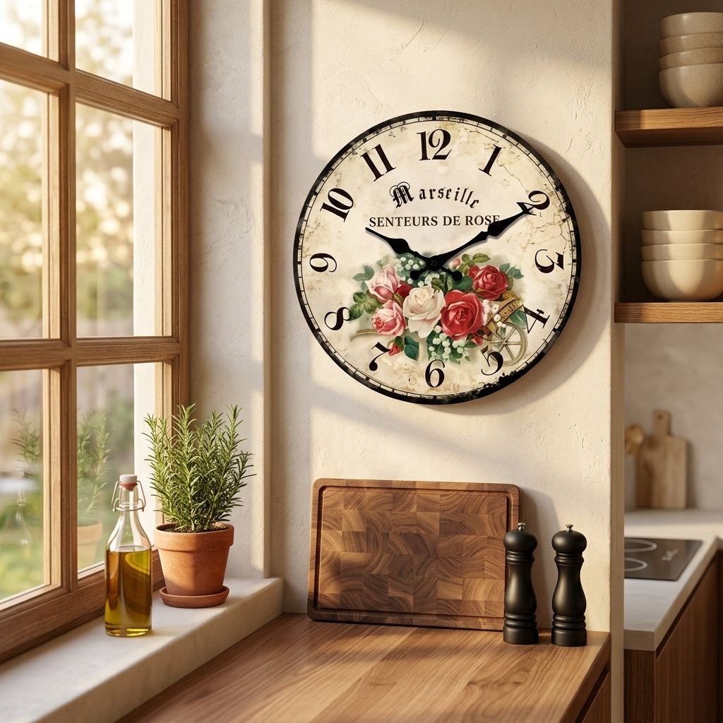 European Rose Pattern Wooden Wall Clock For Kitchen