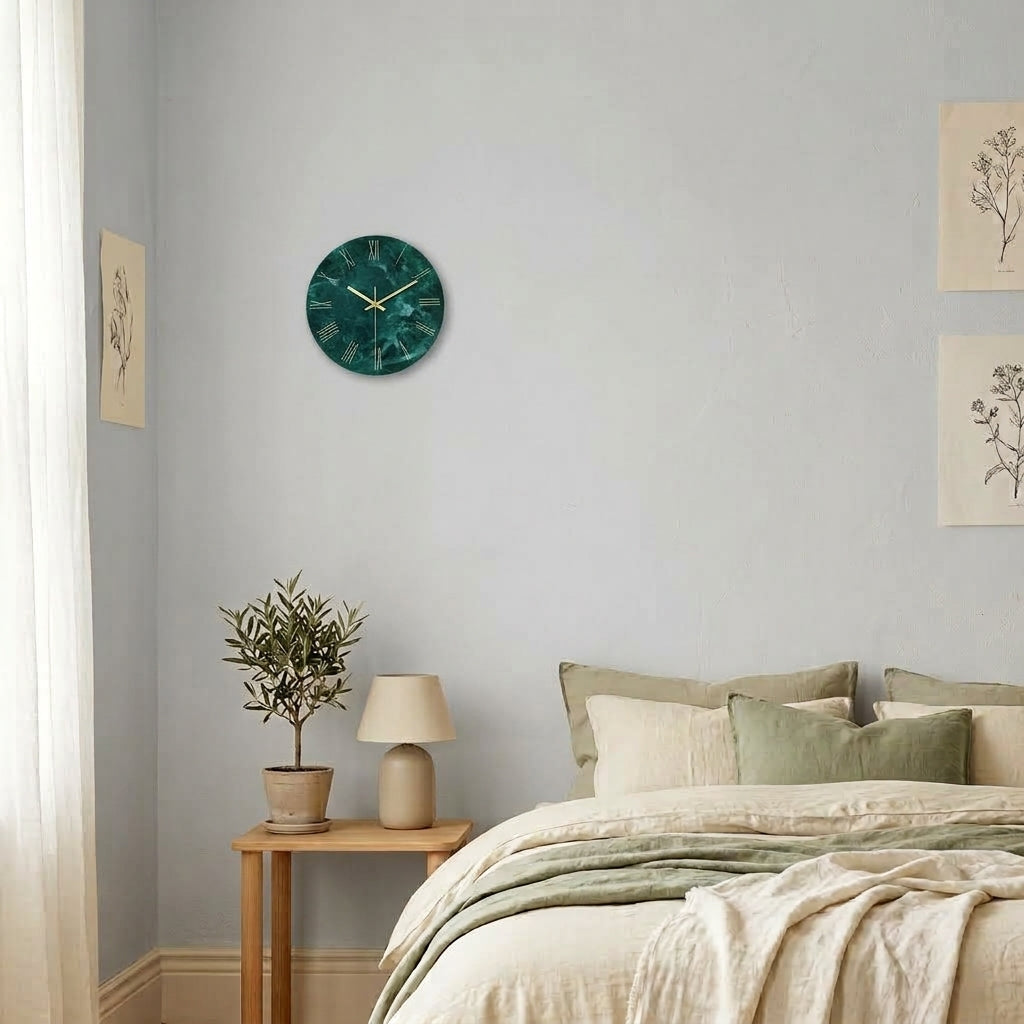 Dark Green Marble Wall Clock – Modern Wall Clock, Silent Quartz