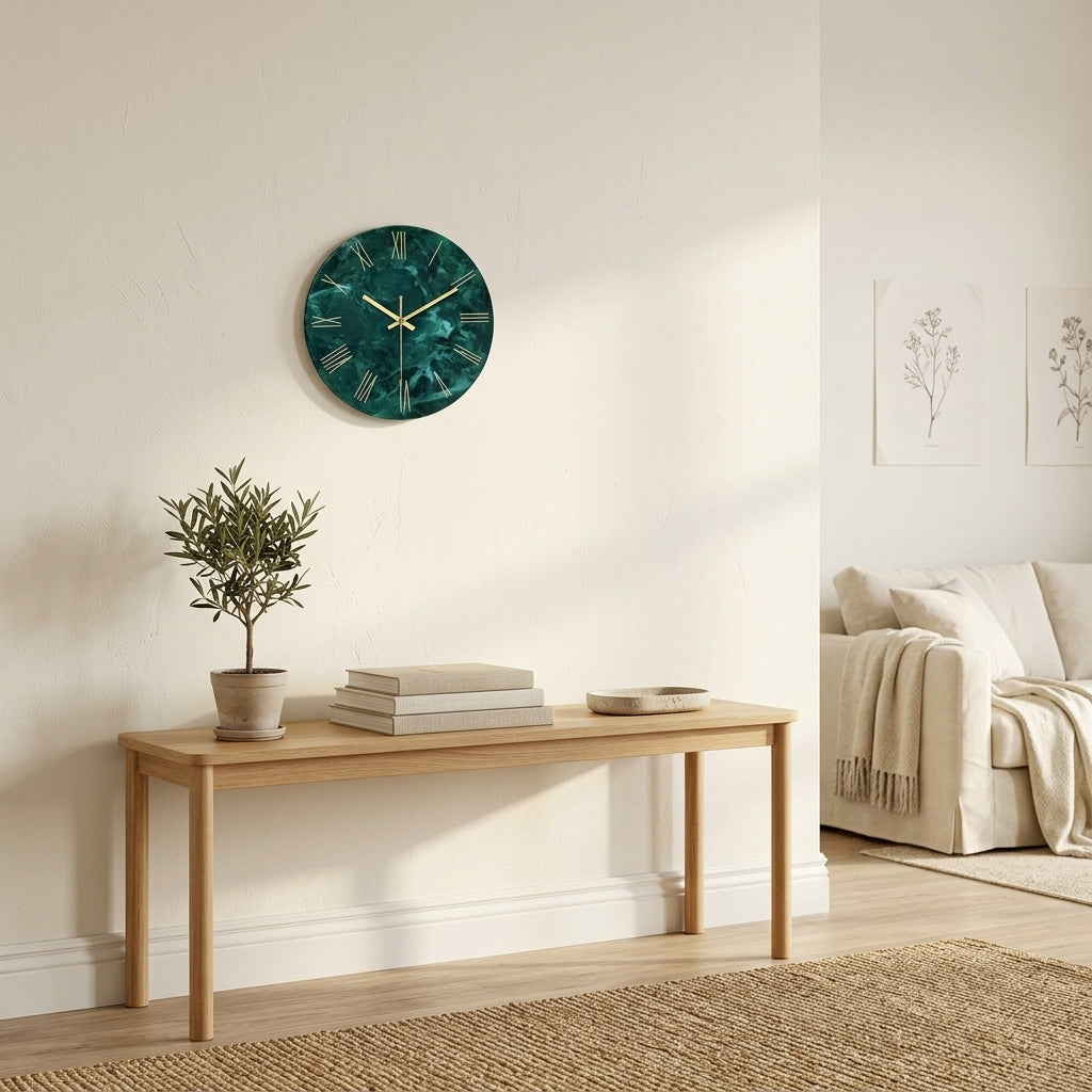 Dark Green Marble Wall Clock – Modern Wall Clock, Silent Quartz