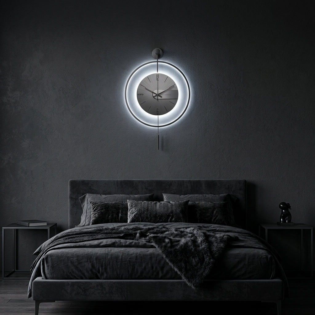 Large Modern Grey Wall Clock LED Light Pendulum