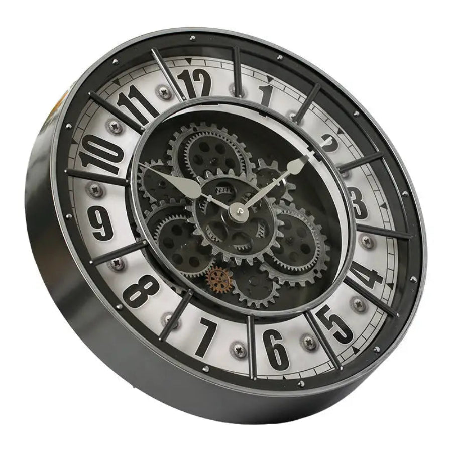 Steampunk-style clock with visible gears on a white background