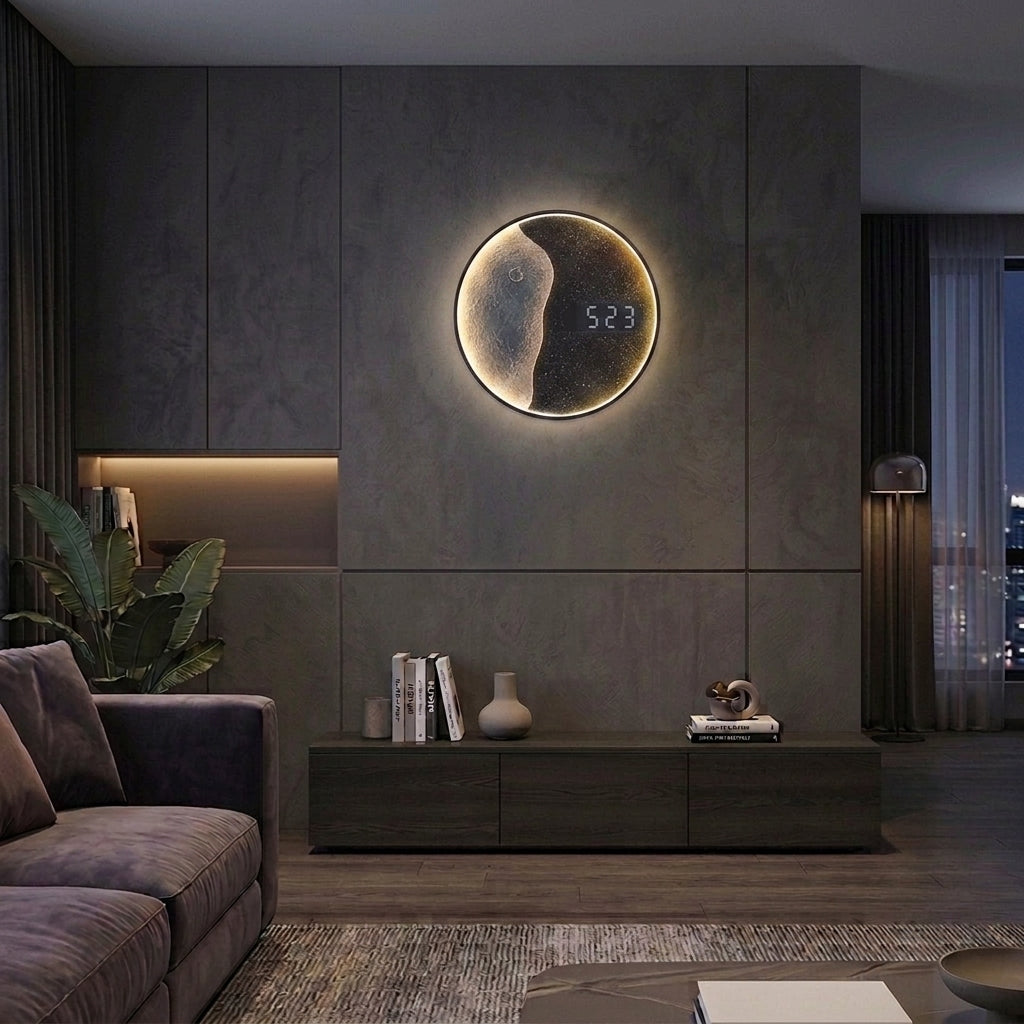 Modern Moon Wall Clock For Living Room - Round Background Lighting