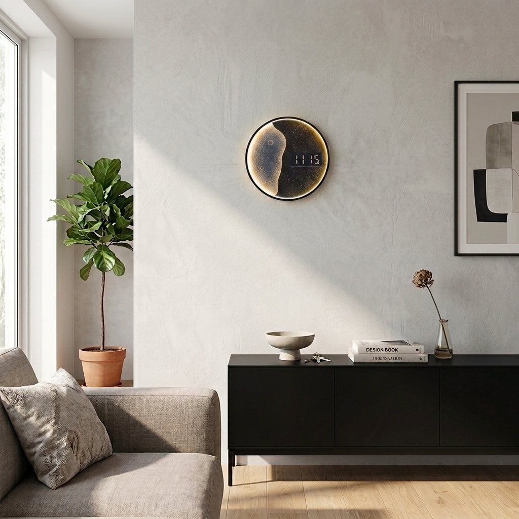 Modern Moon Wall Clock For Living Room - Round Background Lighting