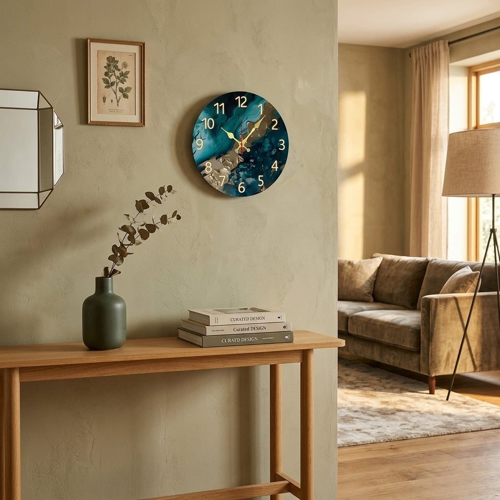 Green Marble Wooden Wall Clock, 10-Inch Round Silent Clock