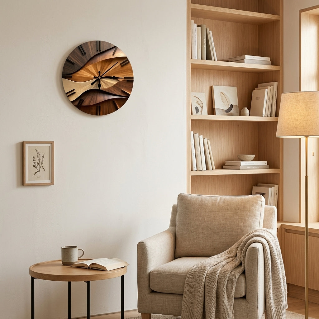 Wave Pattern Wood-Grain Wall Clock, Silent Sculptural Clock