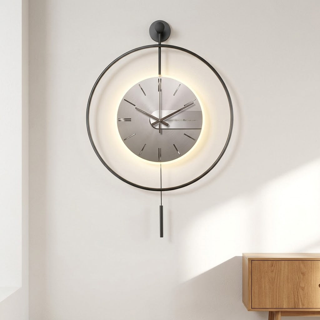 Large Modern Grey Wall Clock LED Light Pendulum
