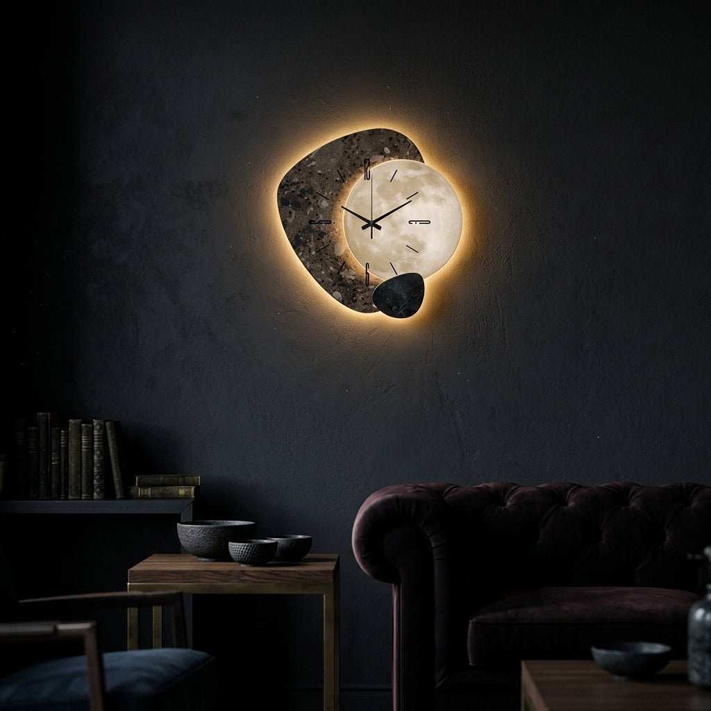 Modern Wall Clock Design For Living Room LED Backlit Moon