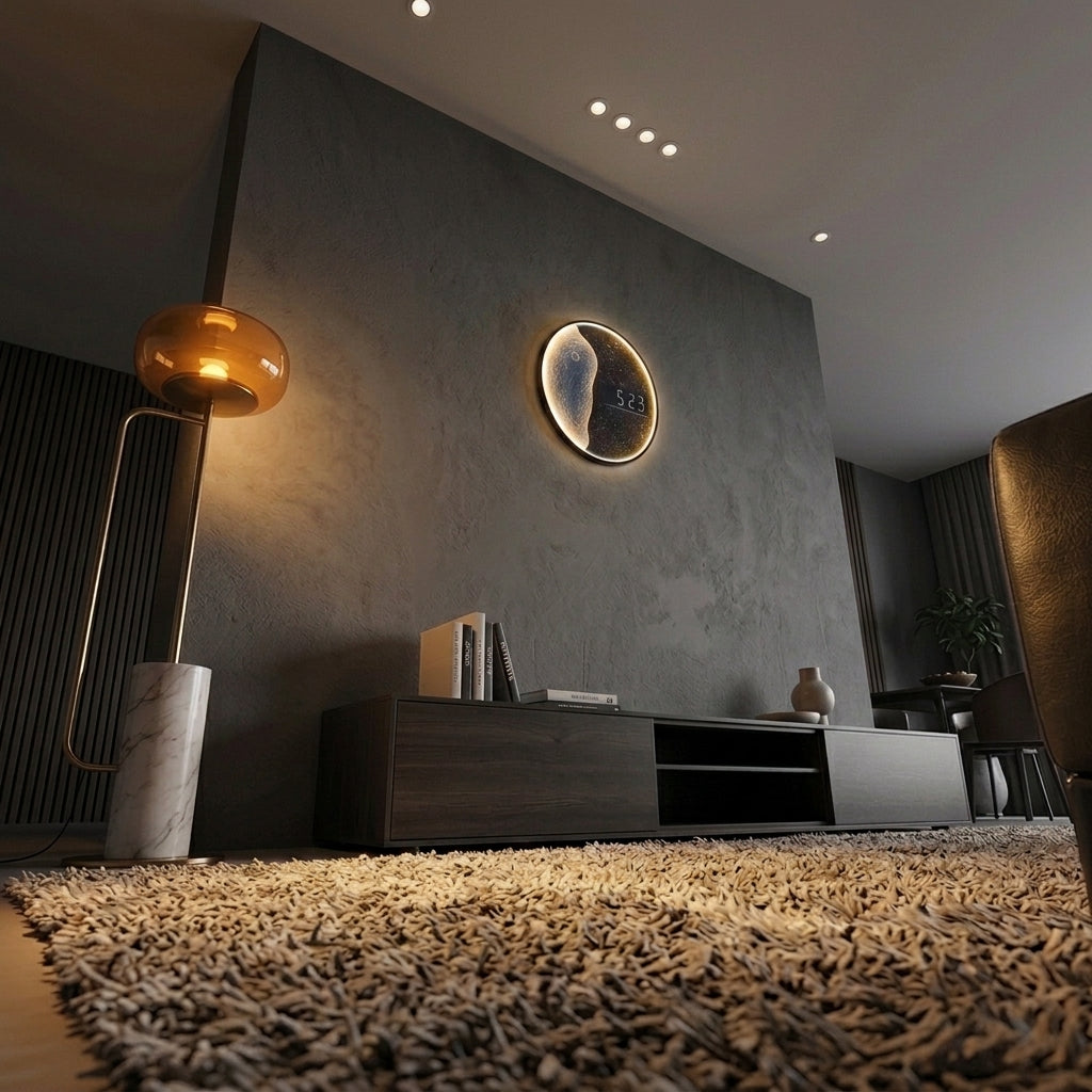 Modern Moon Wall Clock For Living Room - Round Background Lighting