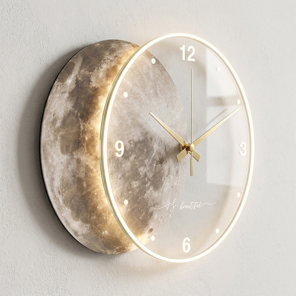 Large Moon Wall Clock Silent LED Luminous