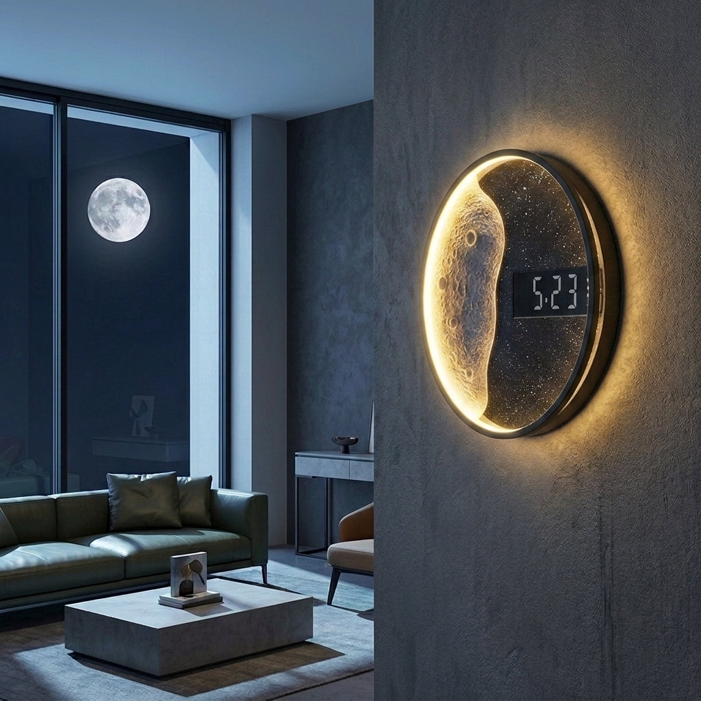 Modern Moon Wall Clock For Living Room - Round Background Lighting