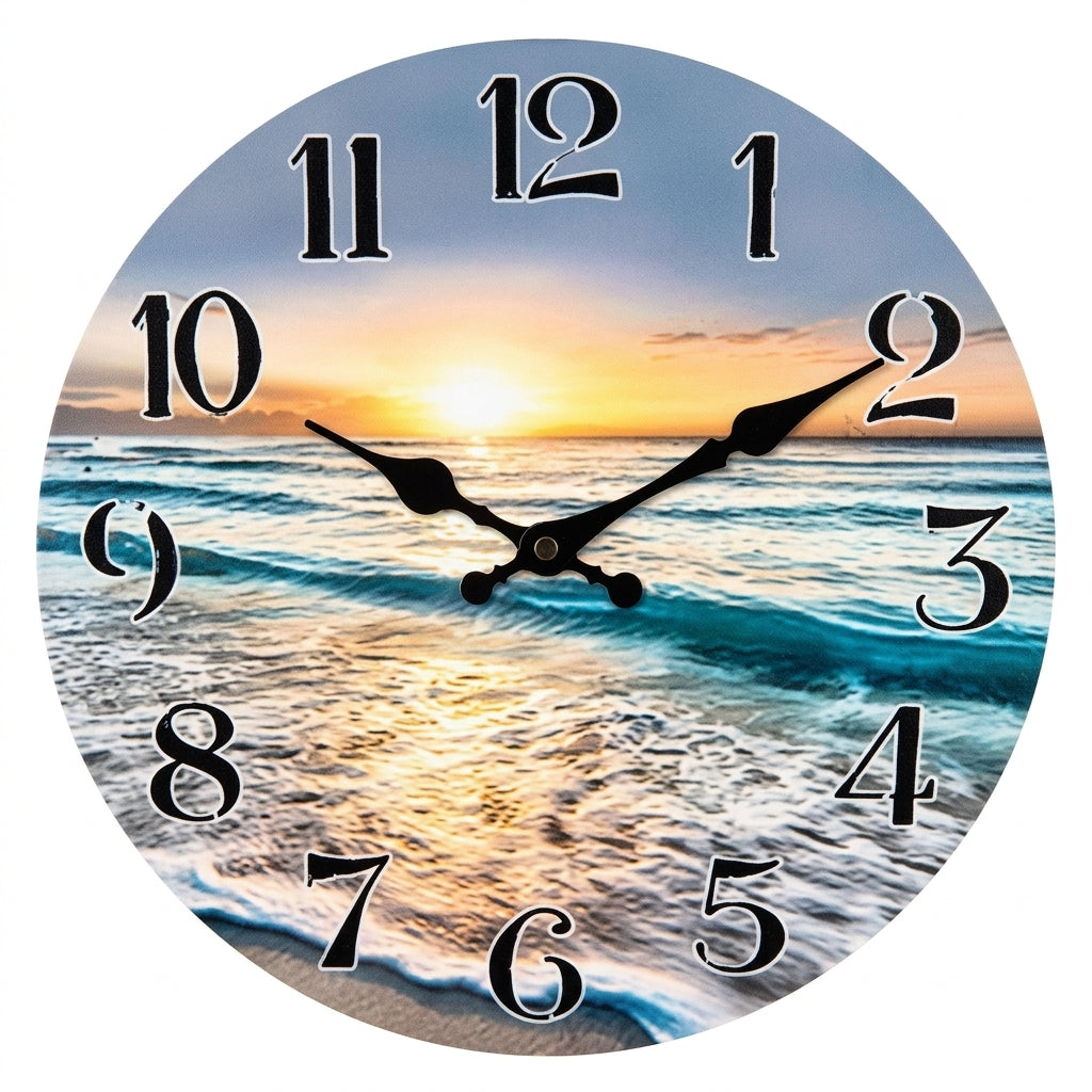Seaside Sunset Wooden Wall Clock For Kicthen, Silent Quartz