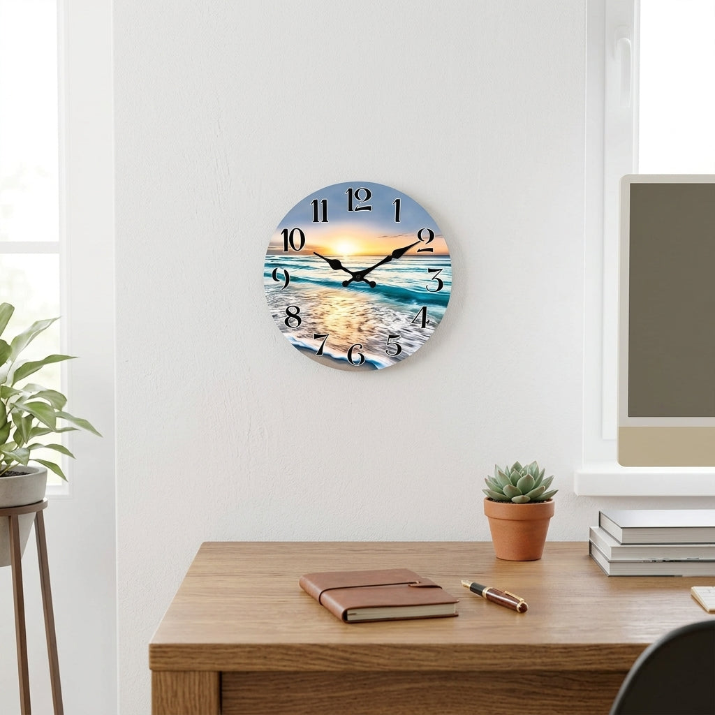 Seaside Sunset Wooden Wall Clock For Kicthen, Silent Quartz