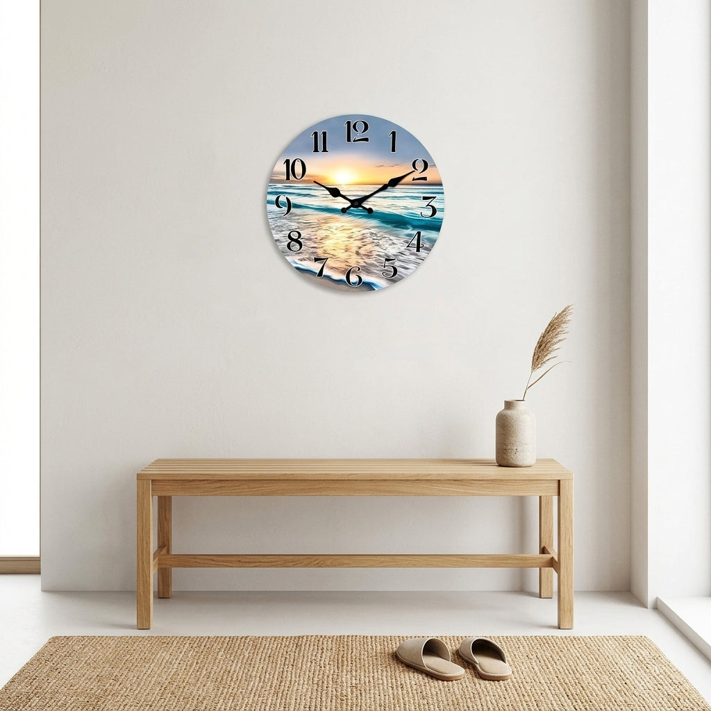 Seaside Sunset Wooden Wall Clock For Kicthen, Silent Quartz