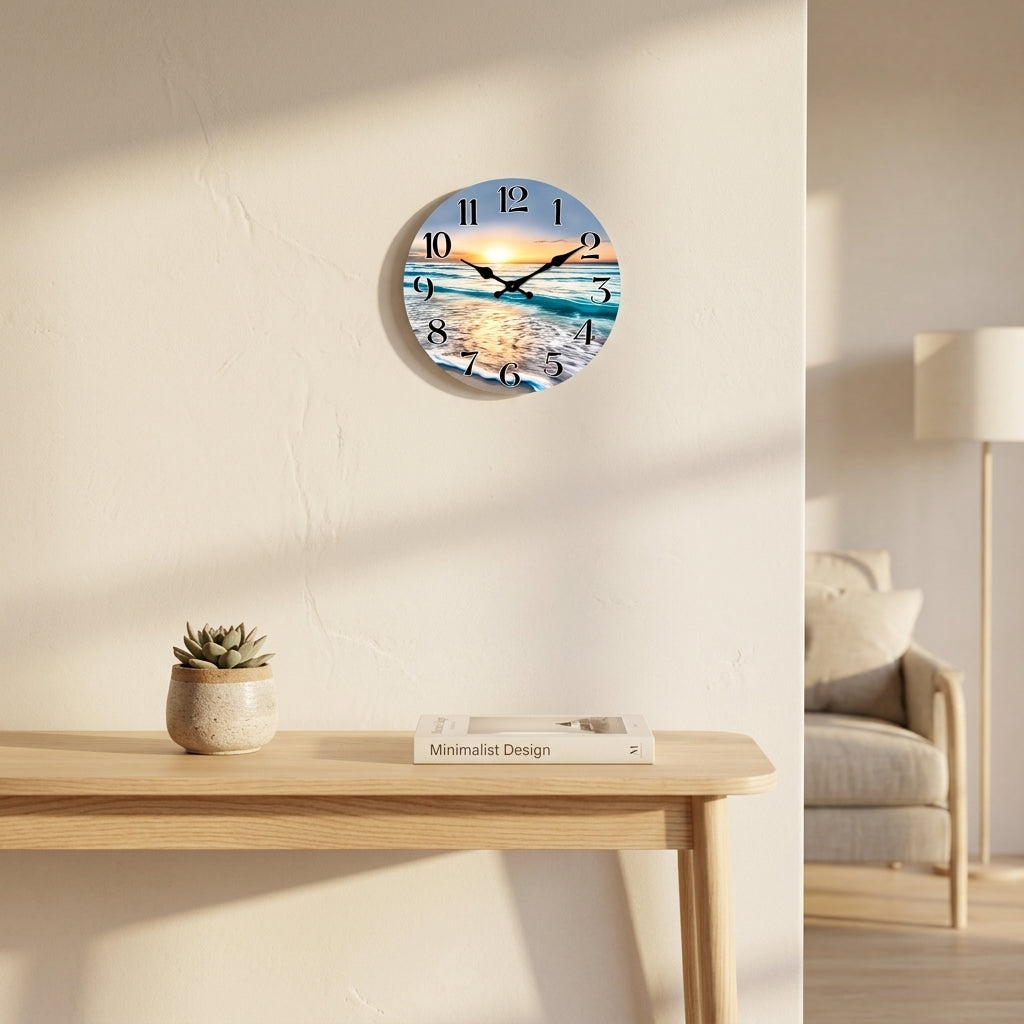 Seaside Sunset Wooden Wall Clock For Kicthen, Silent Quartz