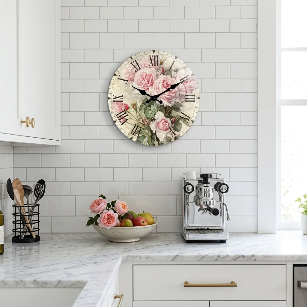 Retro Pink Rose Wall Clock For Living Room–  Silent Quartz