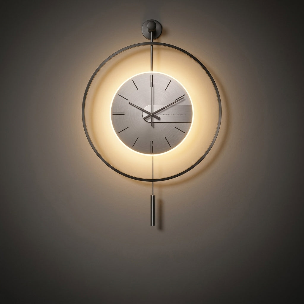 Large Modern Grey Wall Clock LED Light Pendulum