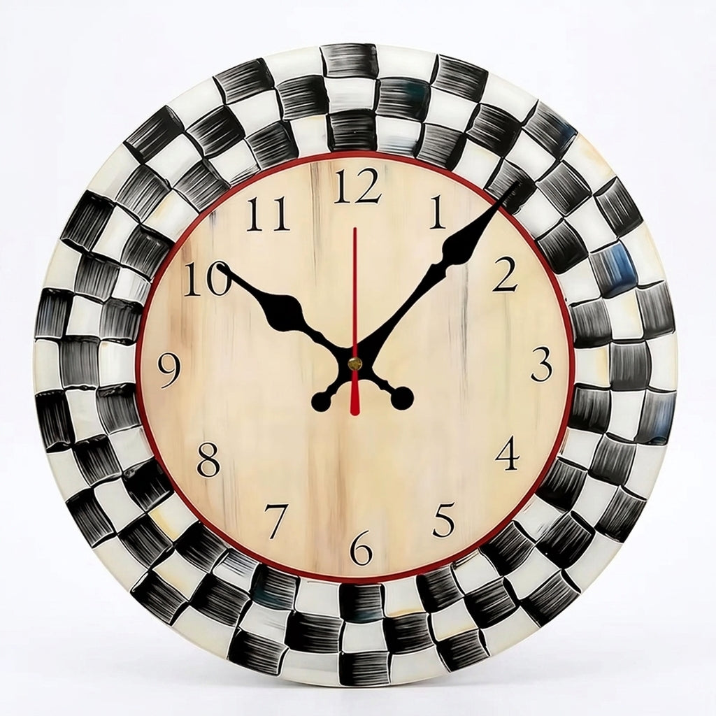 Black and White Grid Wooden Round Silent Wall Clock