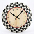 Black and White Grid Wooden Round Silent Wall Clock