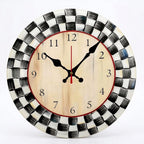Black and White Grid Wooden Round Silent Wall Clock