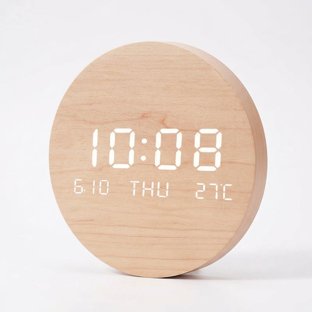 LED Digital Wooden Wall Clock - Solid Wood Color