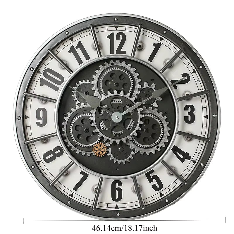 Large Retro Wall Clock Moving Gears Silent