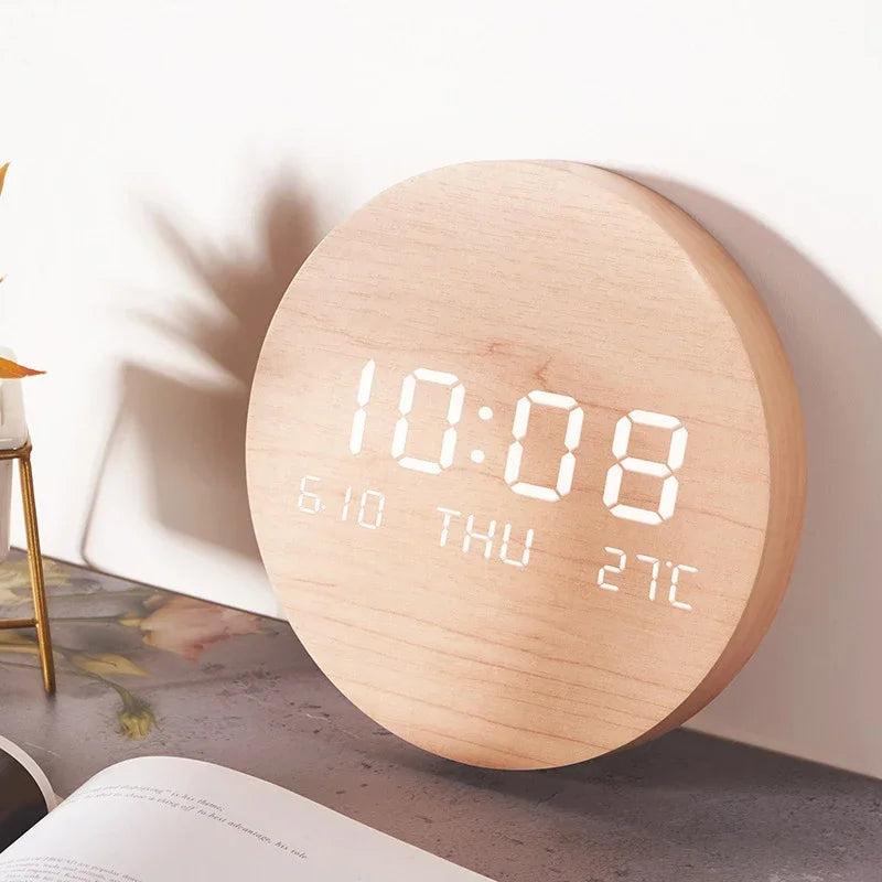 LED Digital Wooden Wall Clock - Solid Wood Color