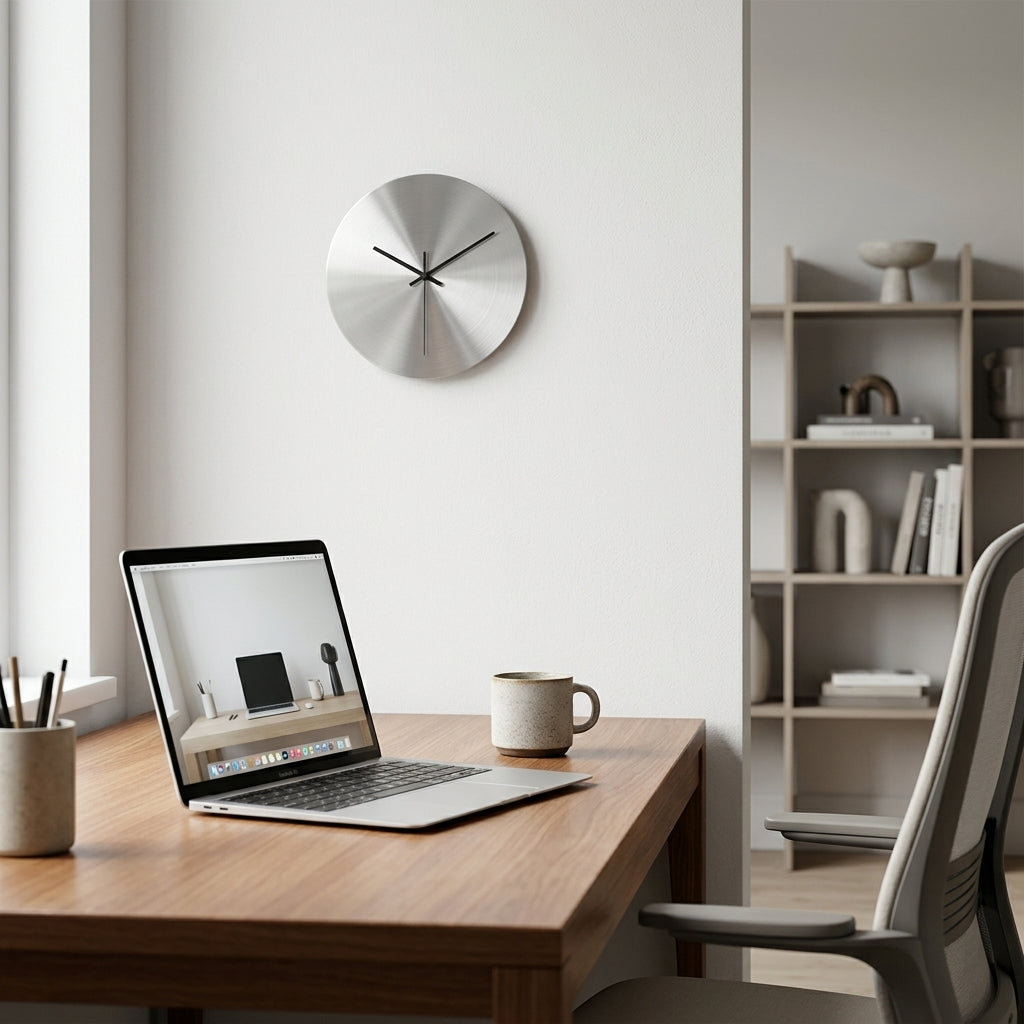 Silver Metal Wall Clock – Minimalist Industrial Design, Silent Movement