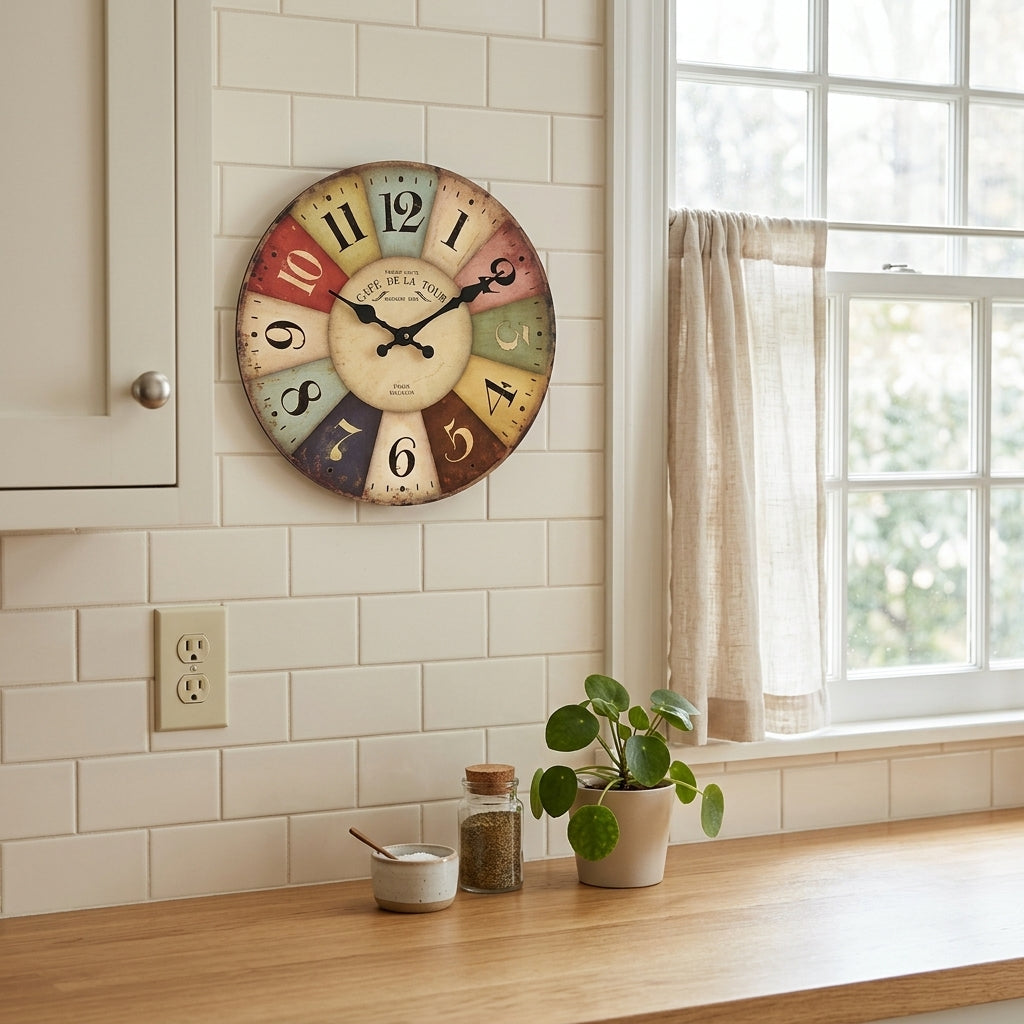 Country Retro Wooden Wall Clock, Square Silent Clock with Still Life Print